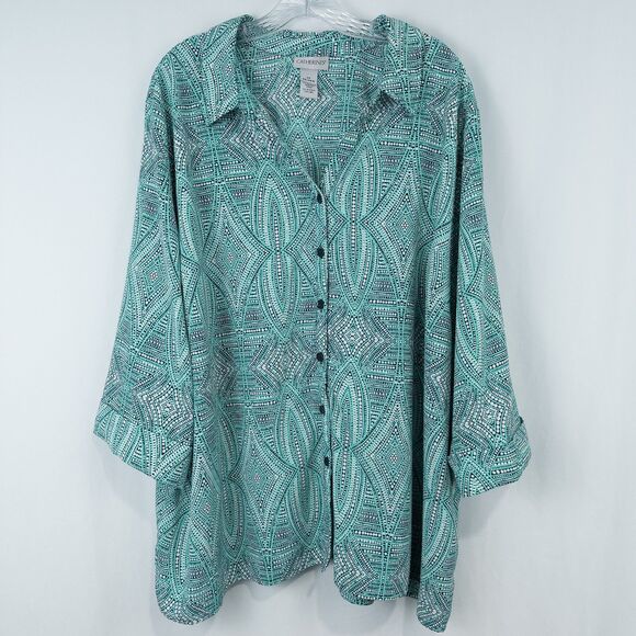 Catherines Button Front Top 3/4 Roll Tab Sleeve Womens 3X Aqua Green Geo Print - Picture 1 of 16